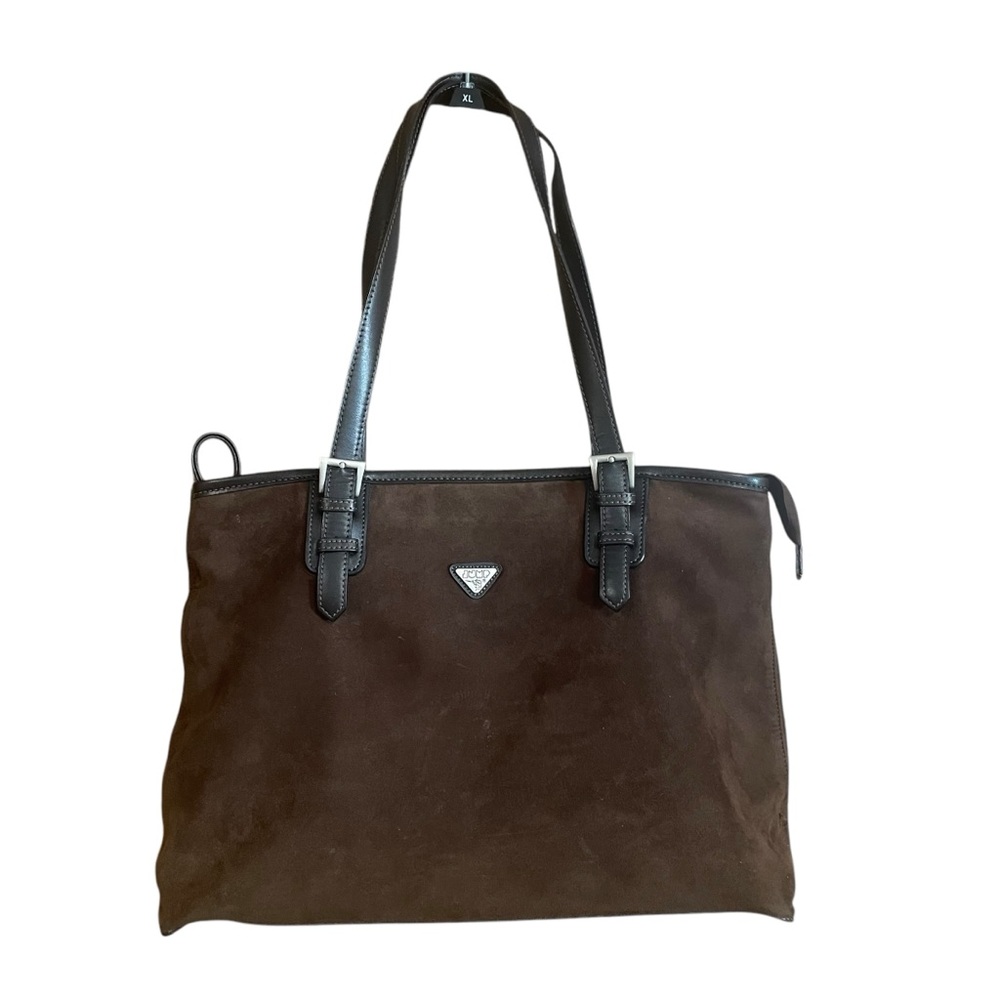 Brown Suede Tote Bag with Black Leather Straps